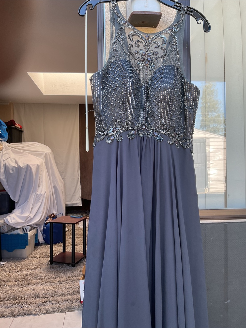 ABBY PARIS  Elegant Beaded High-Neck Evening Dress in Slate Gray
